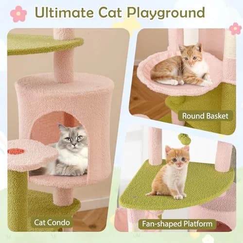 PETSITE 58-inch Flower Cat Tree with Sisal Posts & Teddy Fleece Perch | Multi-Level Indoor Cat Tower thumbnail 5