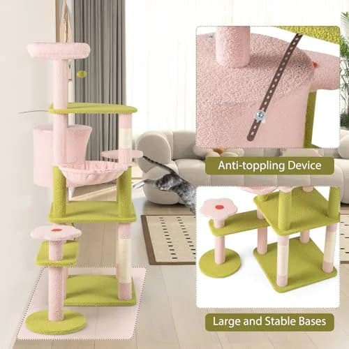 PETSITE 58-inch Flower Cat Tree with Sisal Posts & Teddy Fleece Perch | Multi-Level Indoor Cat Tower thumbnail 8
