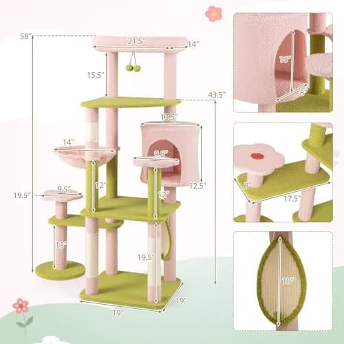 PETSITE 58-inch Flower Cat Tree with Sisal Posts & Teddy Fleece Perch | Multi-Level Indoor Cat Tower thumbnail 3