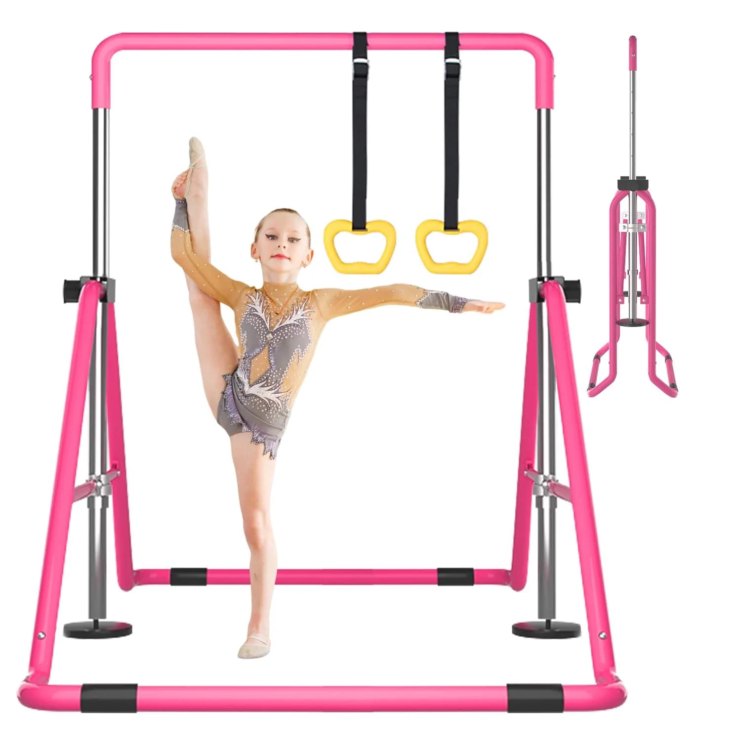 DOBESTS Gymnastics Bar with Rings, Adjustable Height Kids Training Kip Bar, Indoor/Outdoor Gym Equipment (35-51") - main product image