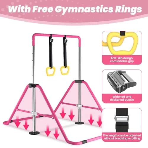 DOBESTS Gymnastics Bar with Rings, Adjustable Height Kids Training Kip Bar, Indoor/Outdoor Gym Equipment (35-51") thumbnail 5