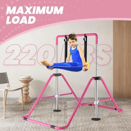 DOBESTS Gymnastics Bar with Rings, Adjustable Height Kids Training Kip Bar, Indoor/Outdoor Gym Equipment (35-51") thumbnail 6
