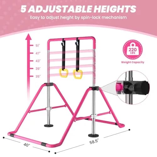 DOBESTS Gymnastics Bar with Rings, Adjustable Height Kids Training Kip Bar, Indoor/Outdoor Gym Equipment (35-51") thumbnail 2