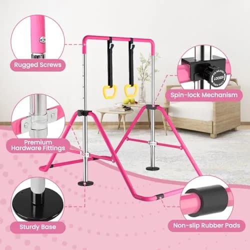 DOBESTS Gymnastics Bar with Rings, Adjustable Height Kids Training Kip Bar, Indoor/Outdoor Gym Equipment (35-51") thumbnail 3