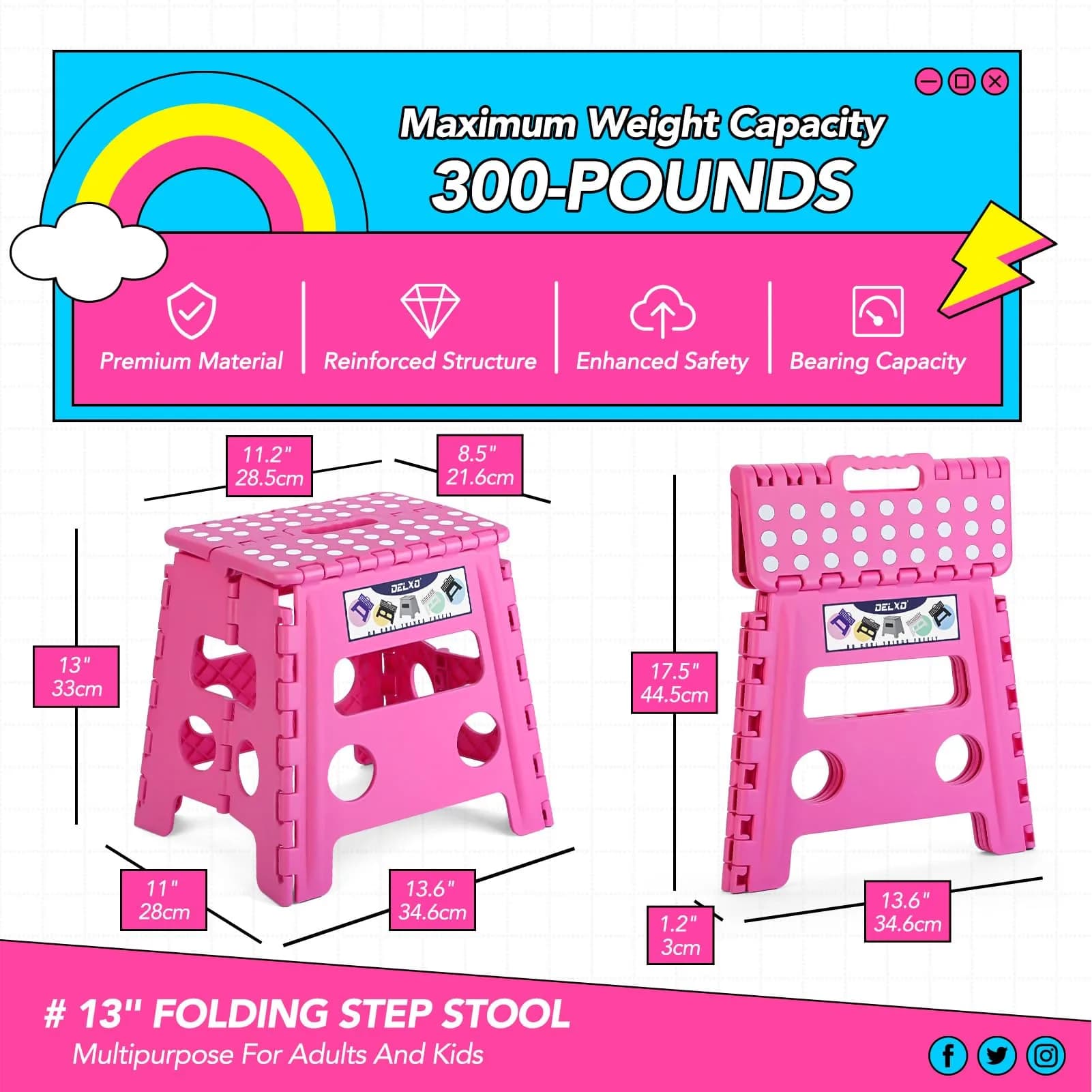 Delxo Folding Step Stool with Handle, 33cm (13 Inch) Rose Pink, 1PC | Sturdy & Safe for Kids & Adults - view 2