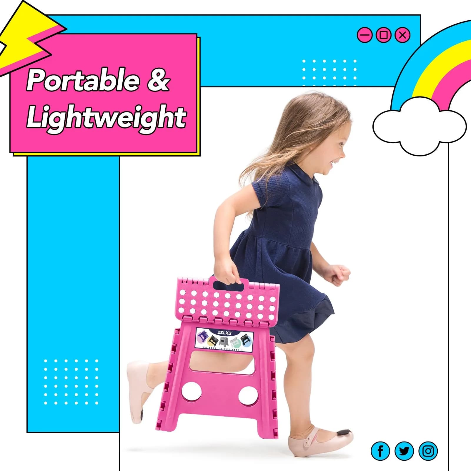 Delxo Folding Step Stool with Handle, 33cm (13 Inch) Rose Pink, 1PC | Sturdy & Safe for Kids & Adults - view 3