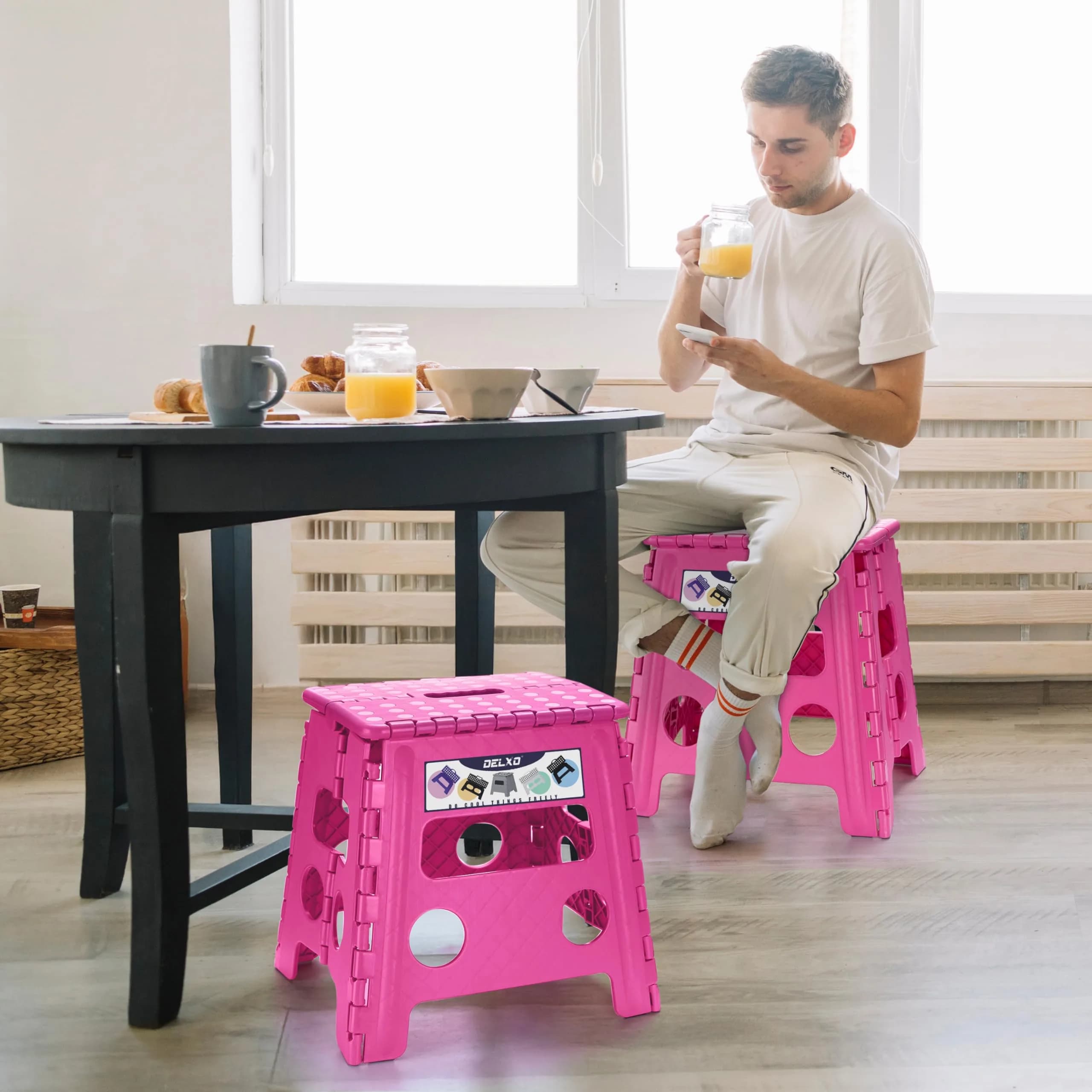 Delxo Folding Step Stool with Handle, 33cm (13 Inch) Rose Pink, 1PC | Sturdy & Safe for Kids & Adults - view 5