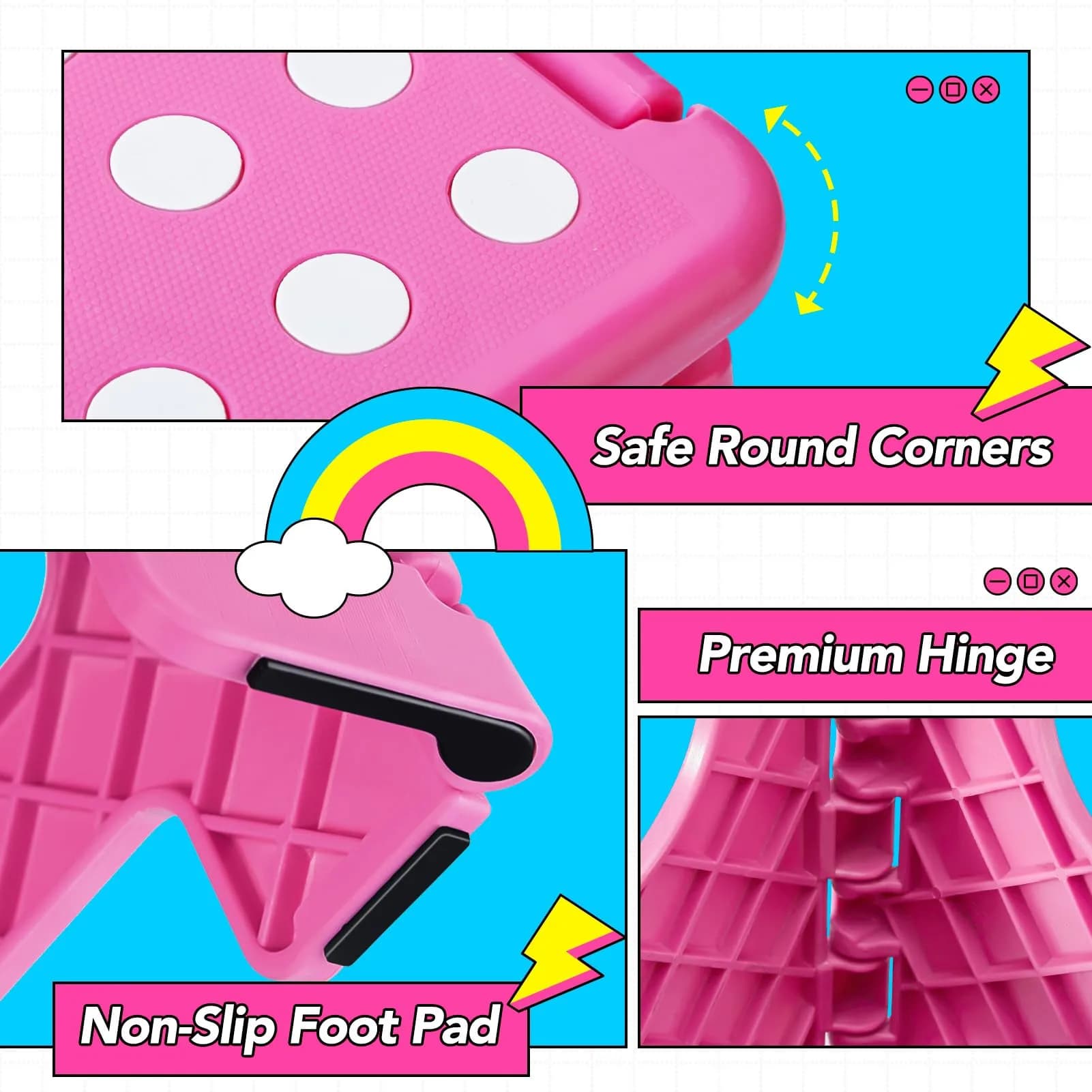 Delxo Folding Step Stool with Handle, 33cm (13 Inch) Rose Pink, 1PC | Sturdy & Safe for Kids & Adults - view 6