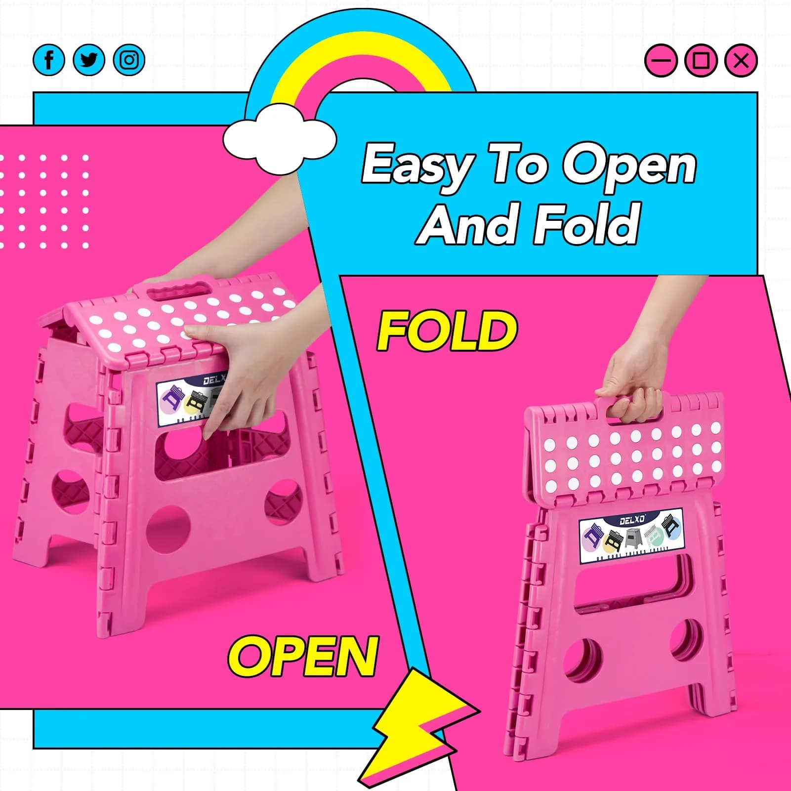 Delxo Folding Step Stool with Handle, 33cm (13 Inch) Rose Pink, 1PC | Sturdy & Safe for Kids & Adults - view 7