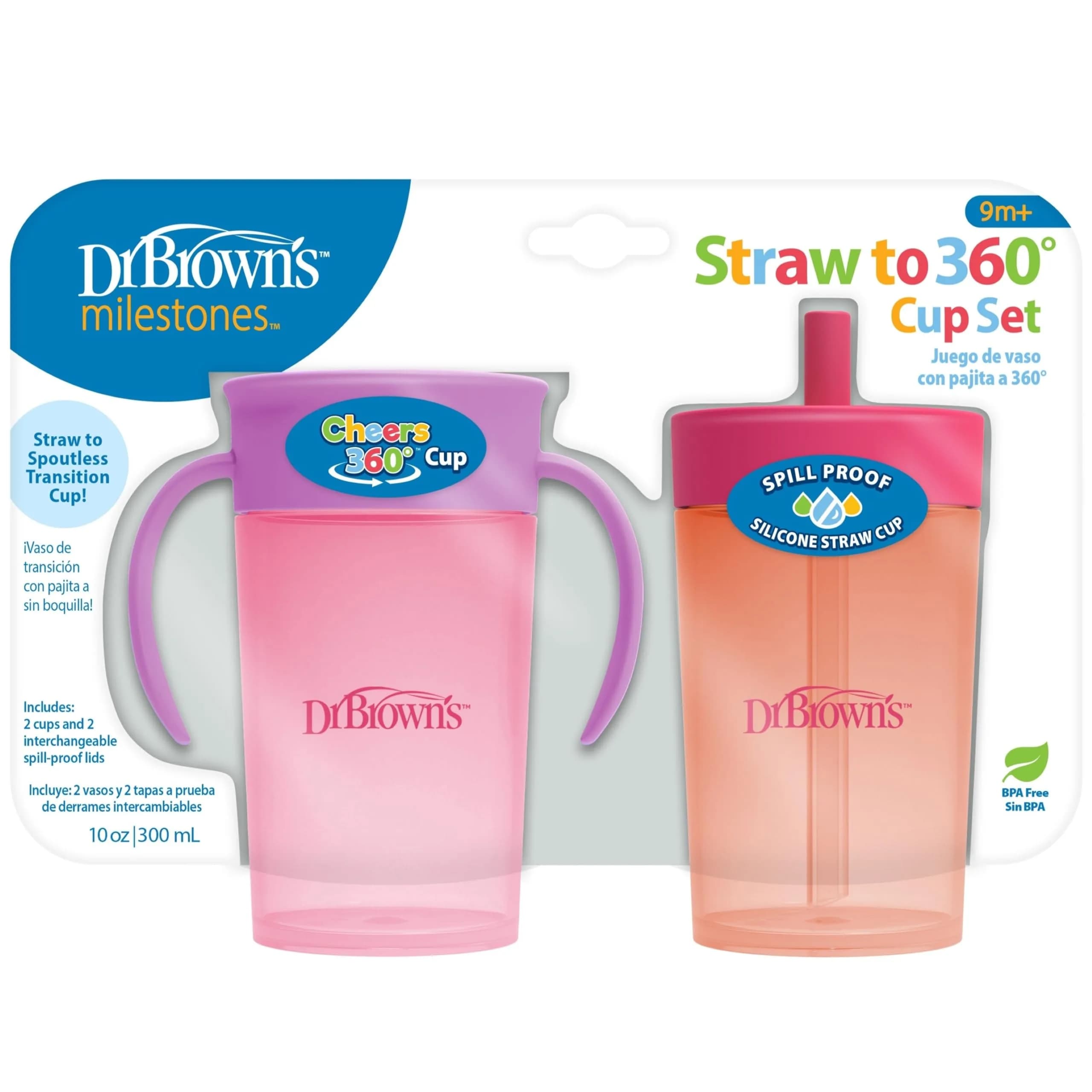 Dr. Brown's Milestones Straw to 360 Convertible Toddler Training Cup Set, 10 oz/300 mL | Interchangeable Silicone Straw & 360 Lids — Coral Pink Set