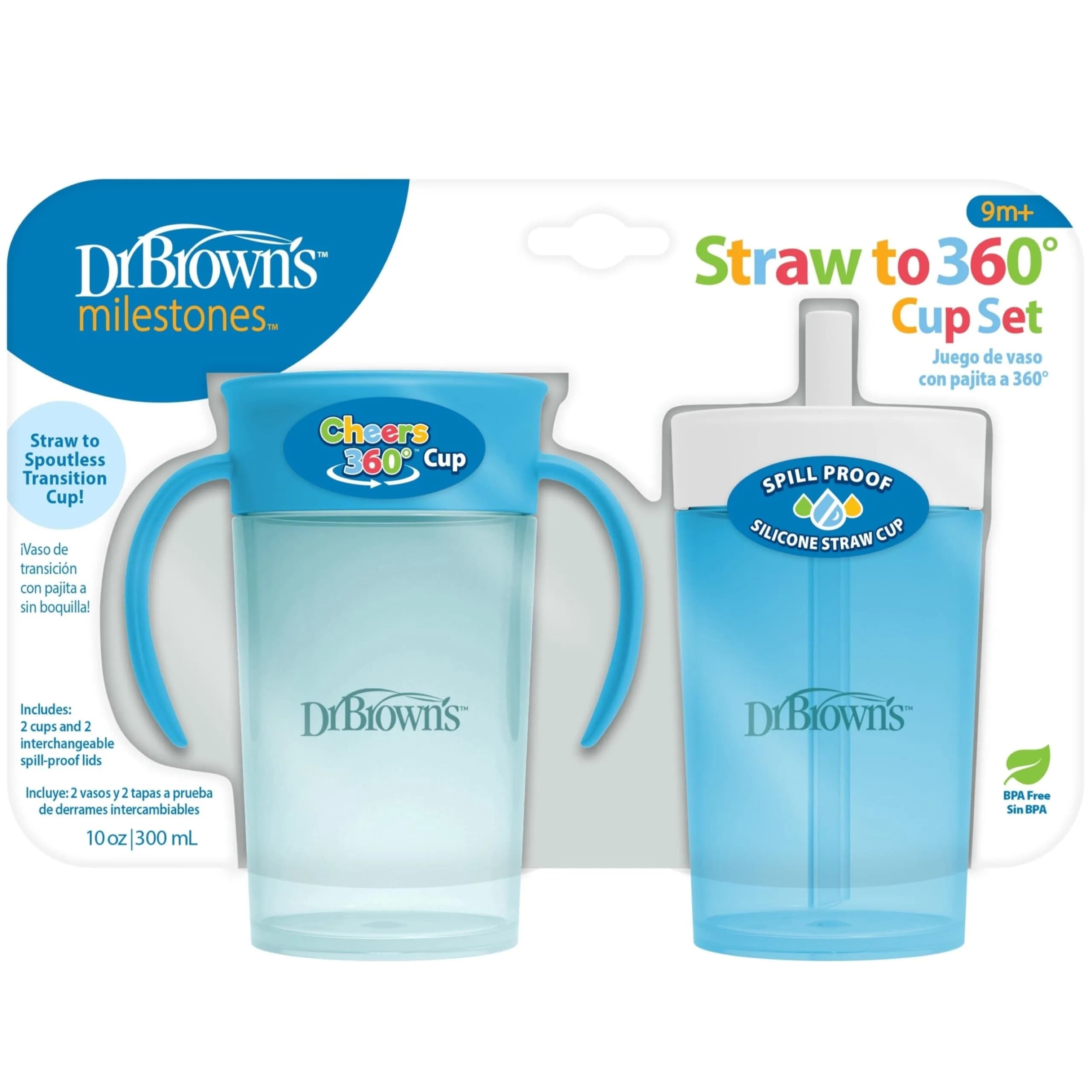 Dr. Brown's Milestones Straw to 360 Cup Set, Blue Green, 10 oz | Leak-proof toddler training cup — Blue Ocean Set
