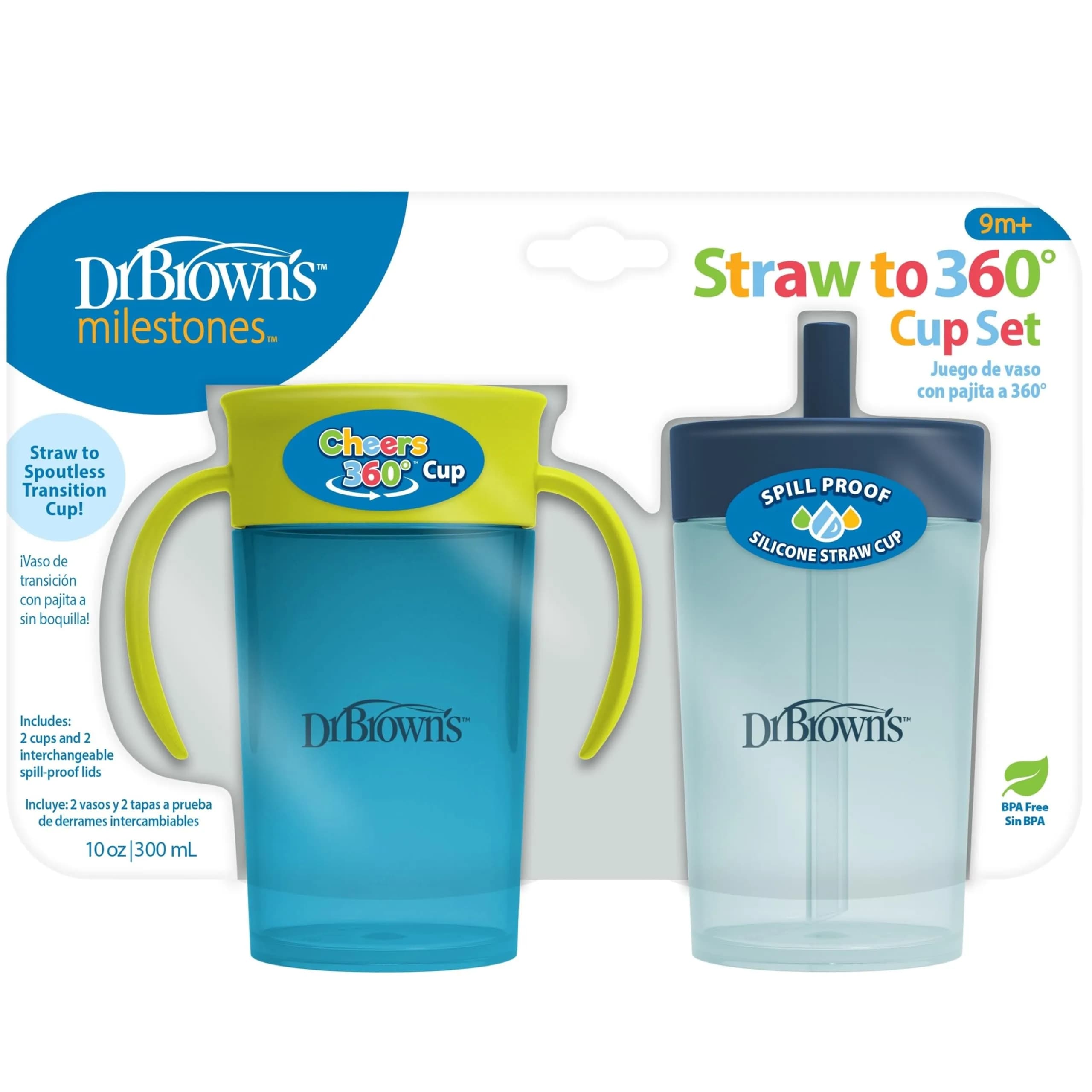 Dr. Brown's Milestones Straw to 360 Cup Set, Blue Green, 10 oz | Leak-proof toddler training cup — Blue Green Set