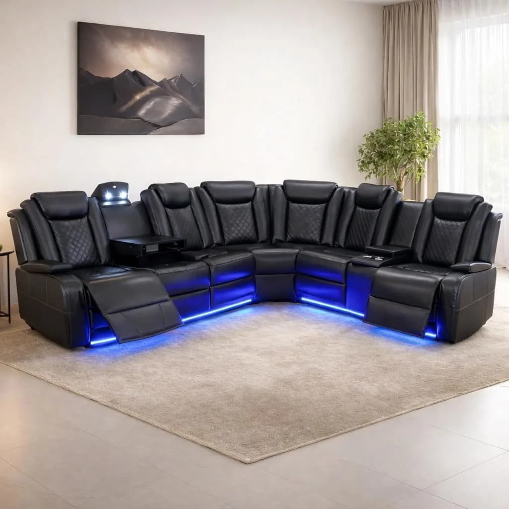 FUOROLA Sectional Sofa with Power Recliner & LED, Black | Modular Living Room Couch with Wireless Charging & Storage