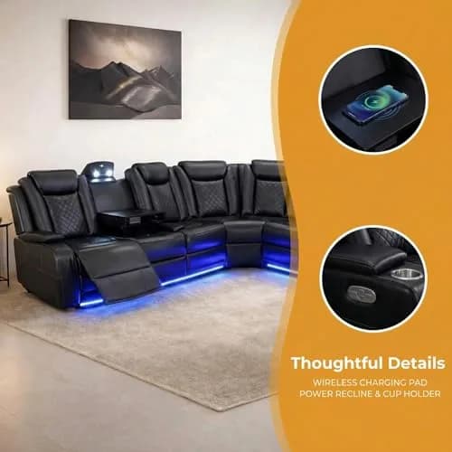 FUOROLA Sectional Sofa with Power Recliner & LED, Black | Modular Living Room Couch with Wireless Charging & Storage thumbnail 5