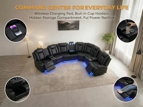 FUOROLA Sectional Sofa with Power Recliner & LED, Black | Modular Living Room Couch with Wireless Charging & Storage thumbnail 3
