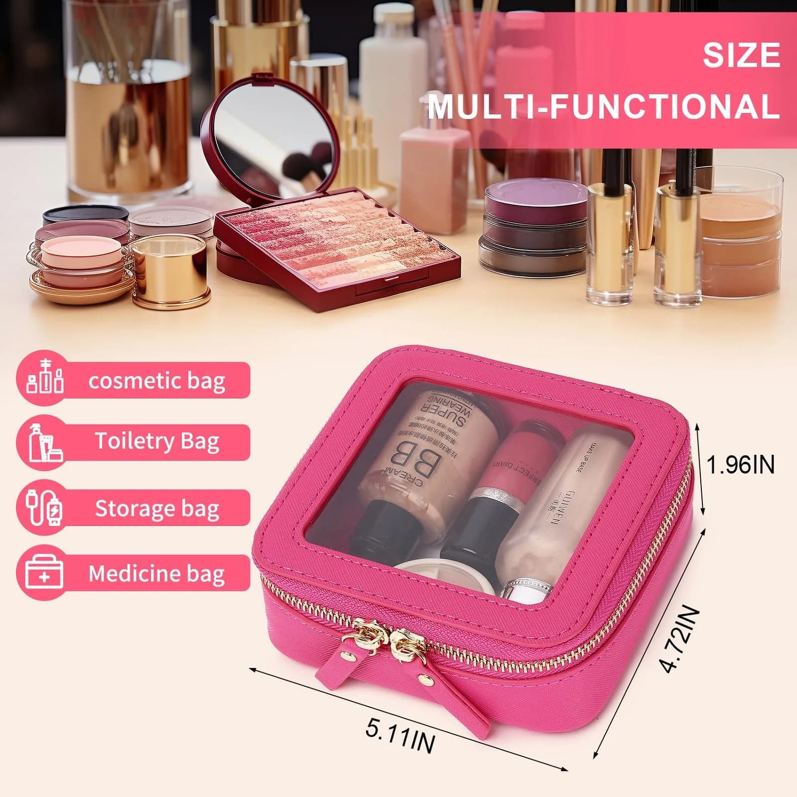 Pinkmik Small Clear Mini Makeup Bag 13.5cm x 12.5cm x 7cm | TSA Approved Travel Pouch - view 3