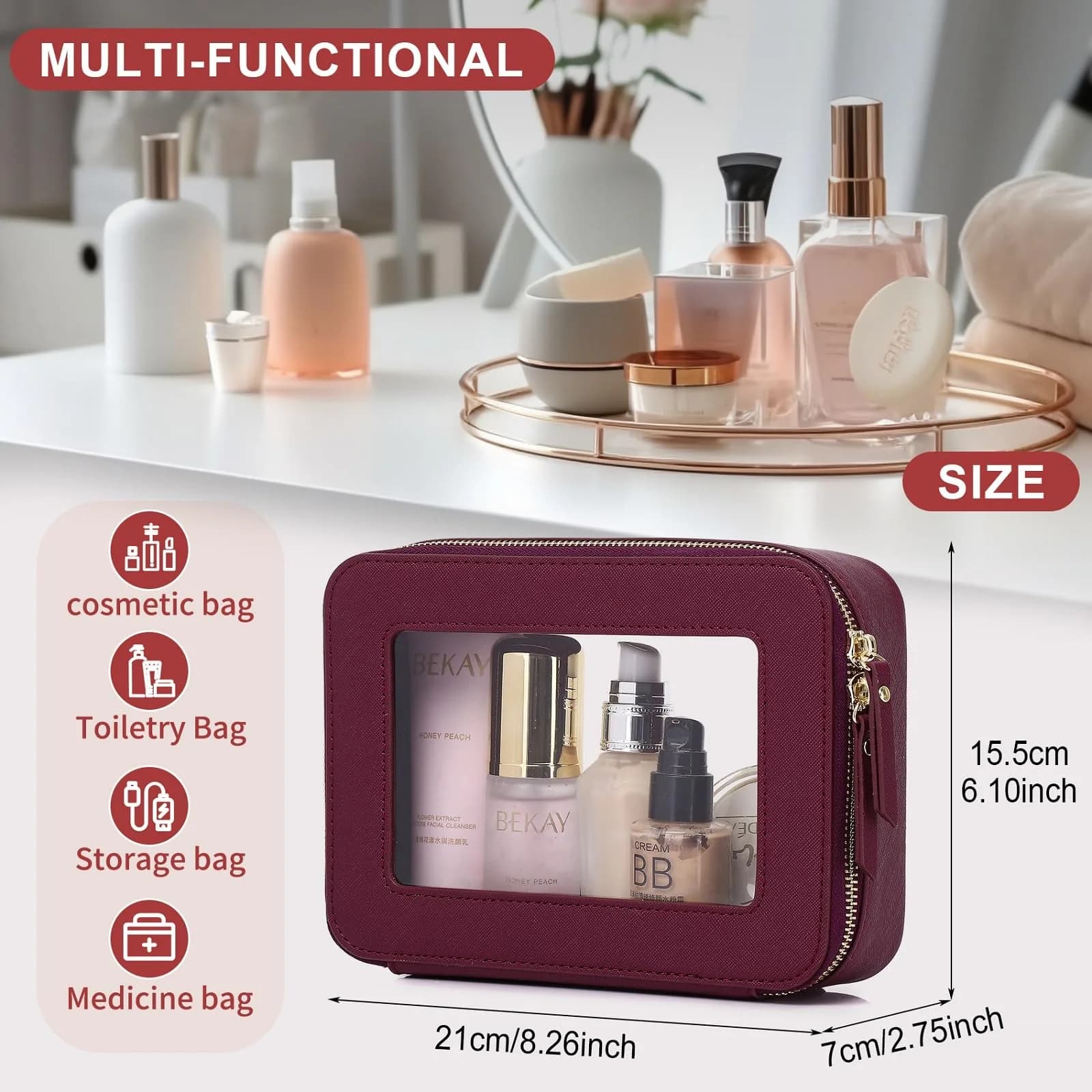 Pinkmik Clear Makeup Bag - Medium Size, D/Burgundy - view 3