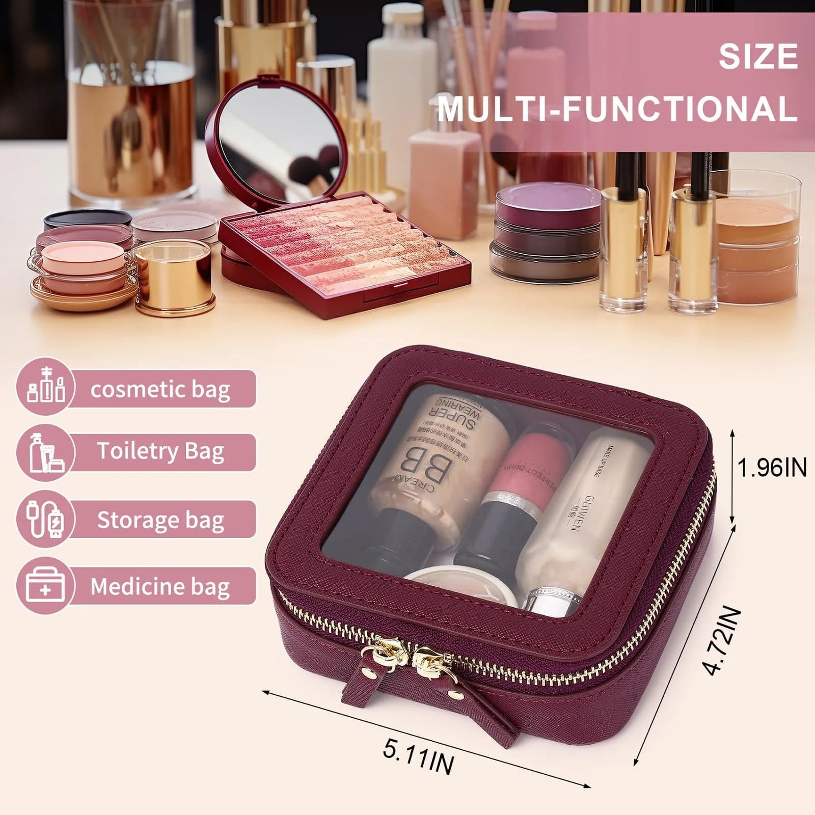 Pinkmik A1/Burgundy Mini Clear Makeup Bag - TSA Approved Travel Cosmetic Case - view 3