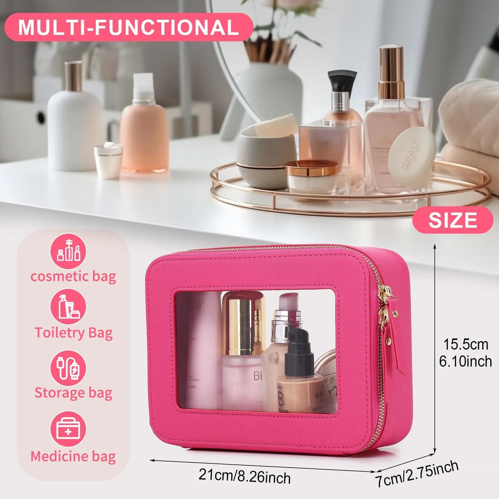 Pinkmik D/Fuxia Clear Makeup Bag - Medium Size | TSA Approved Travel Cosmetic Case - view 3