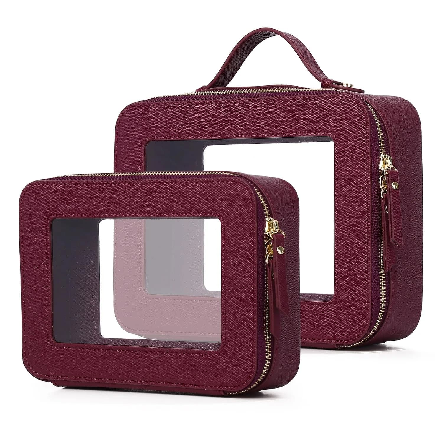 Pinkmik Burgundy Clear Makeup Bag Set, Medium and Large Sizes | TSA Approved Travel Cosmetic Case - main product image