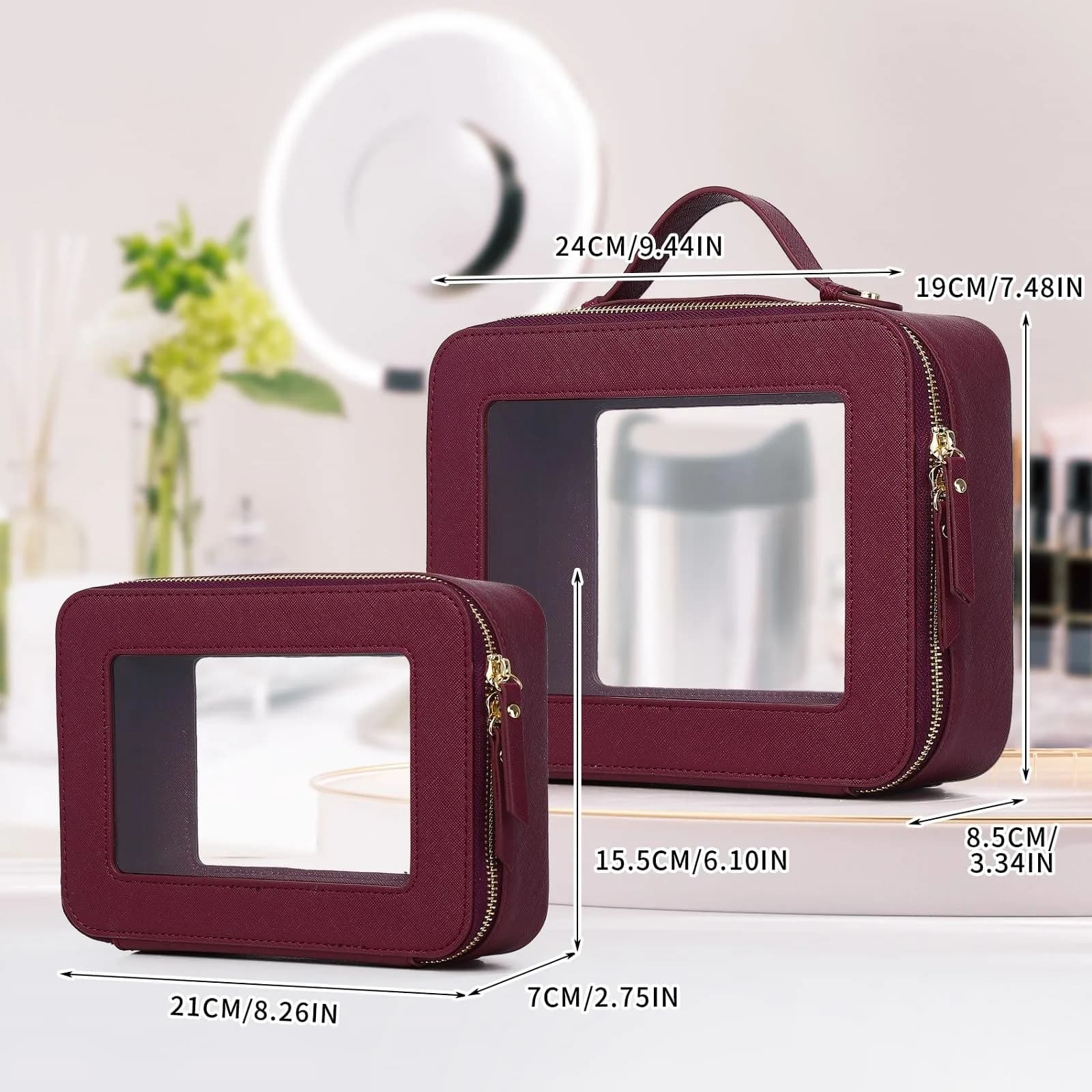 Pinkmik Burgundy Clear Makeup Bag Set, Medium and Large Sizes | TSA Approved Travel Cosmetic Case - view 2