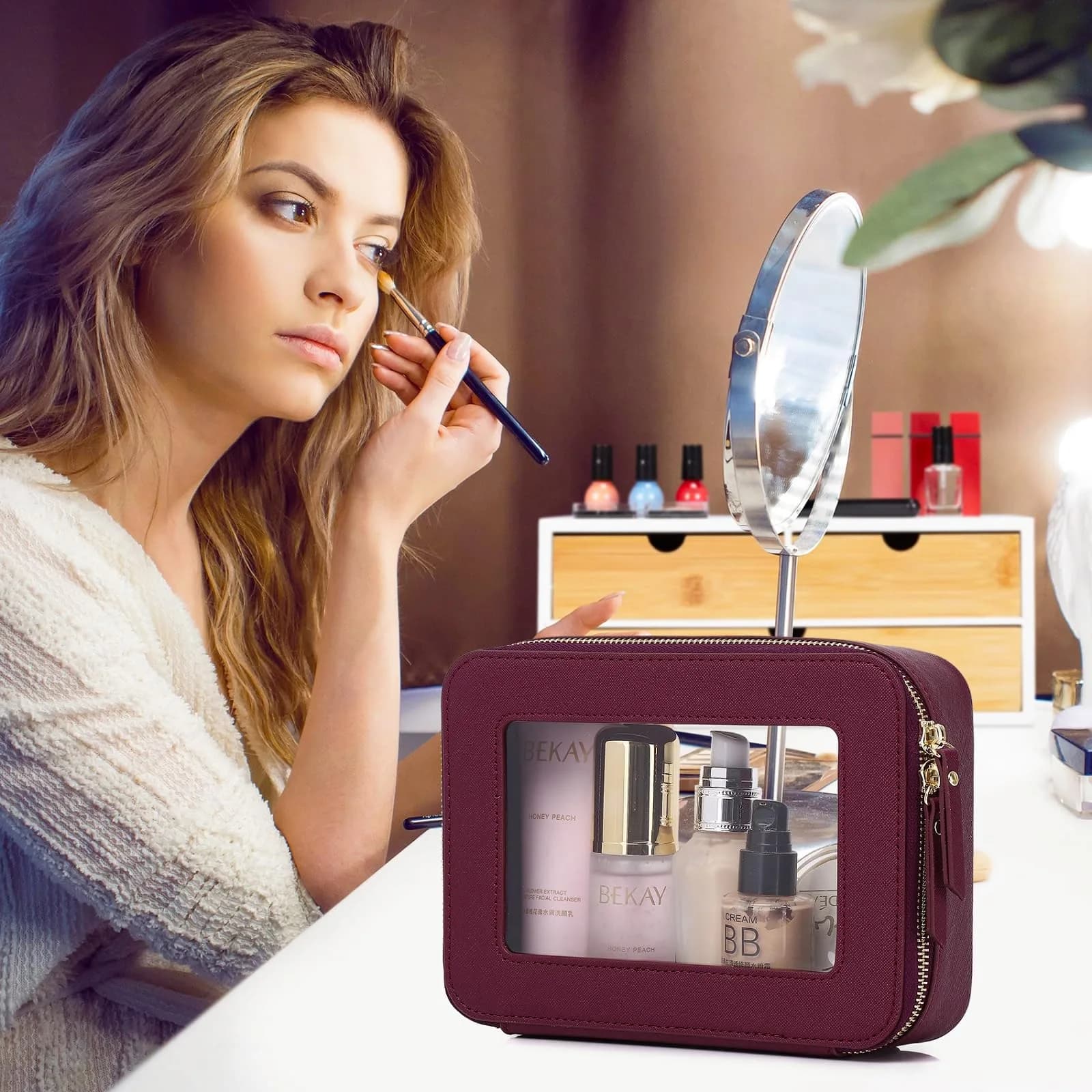 Pinkmik Burgundy Clear Makeup Bag Set, Medium and Large Sizes | TSA Approved Travel Cosmetic Case - view 3