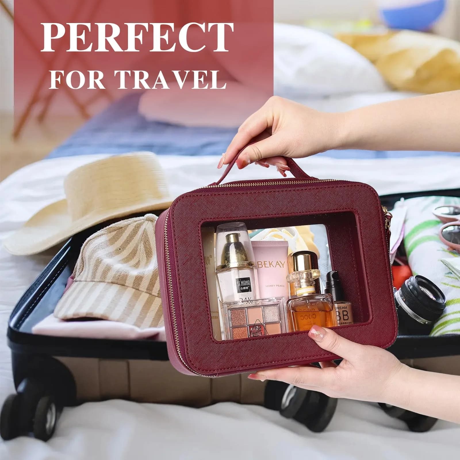 Pinkmik Burgundy Clear Makeup Bag Set, Medium and Large Sizes | TSA Approved Travel Cosmetic Case - view 4