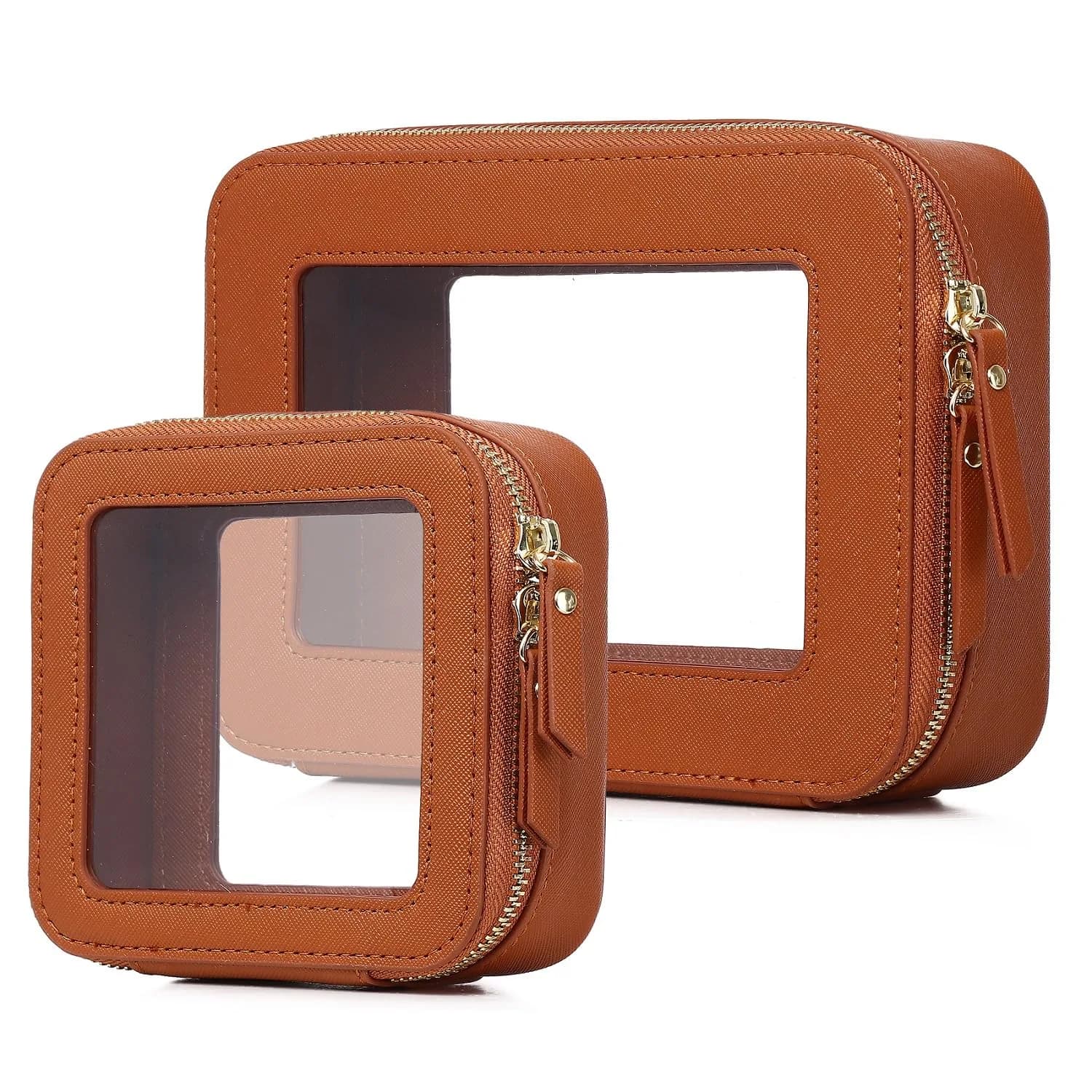 Pinkmik A4/Brown Clear Makeup Bag Set - Medium & Mini Sizes | TSA Approved Travel Cosmetic Case - main product image