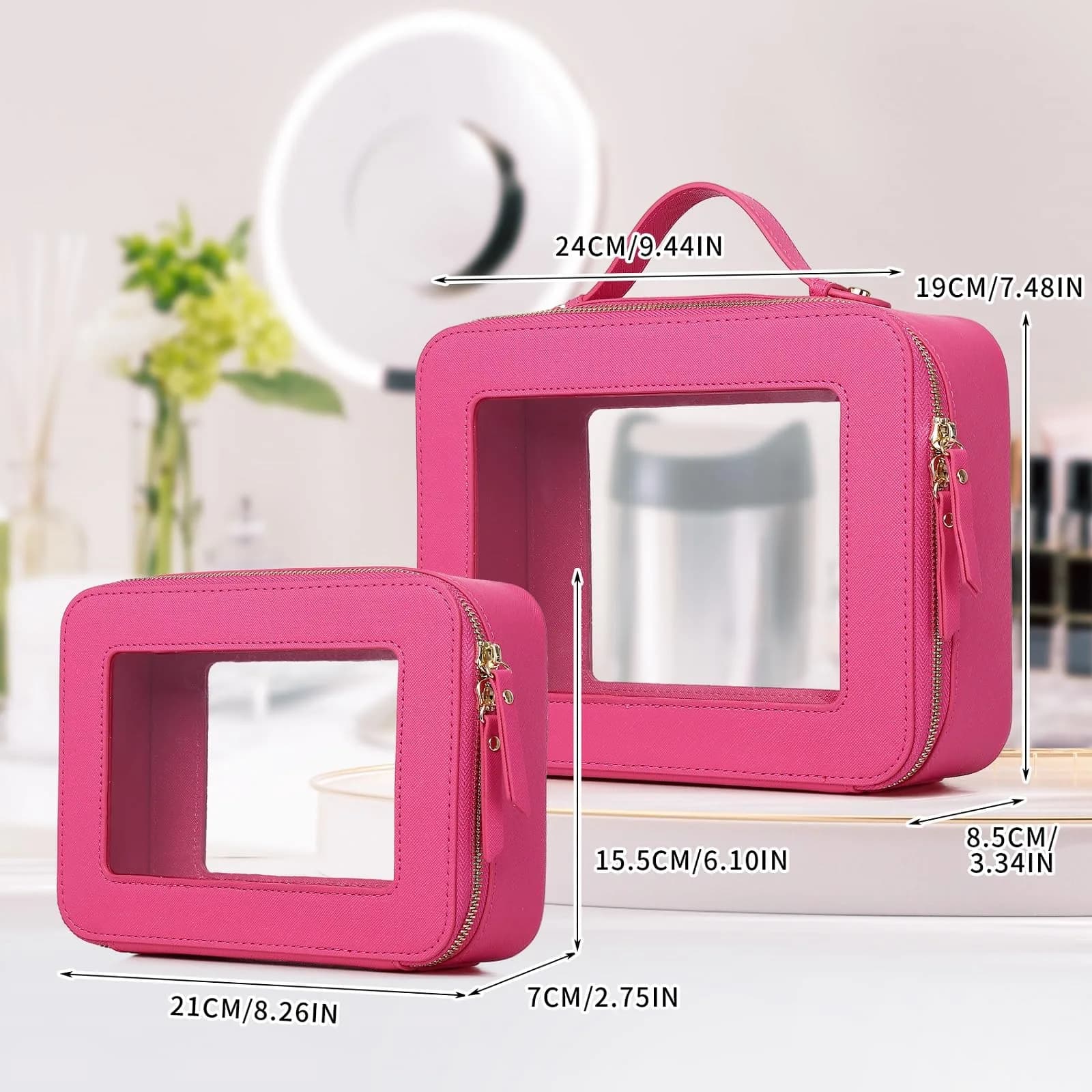 Pinkmik Fuxia Clear Makeup Bag Set - Medium and Large Sizes | TSA Approved Travel Cosmetic Cases - view 2