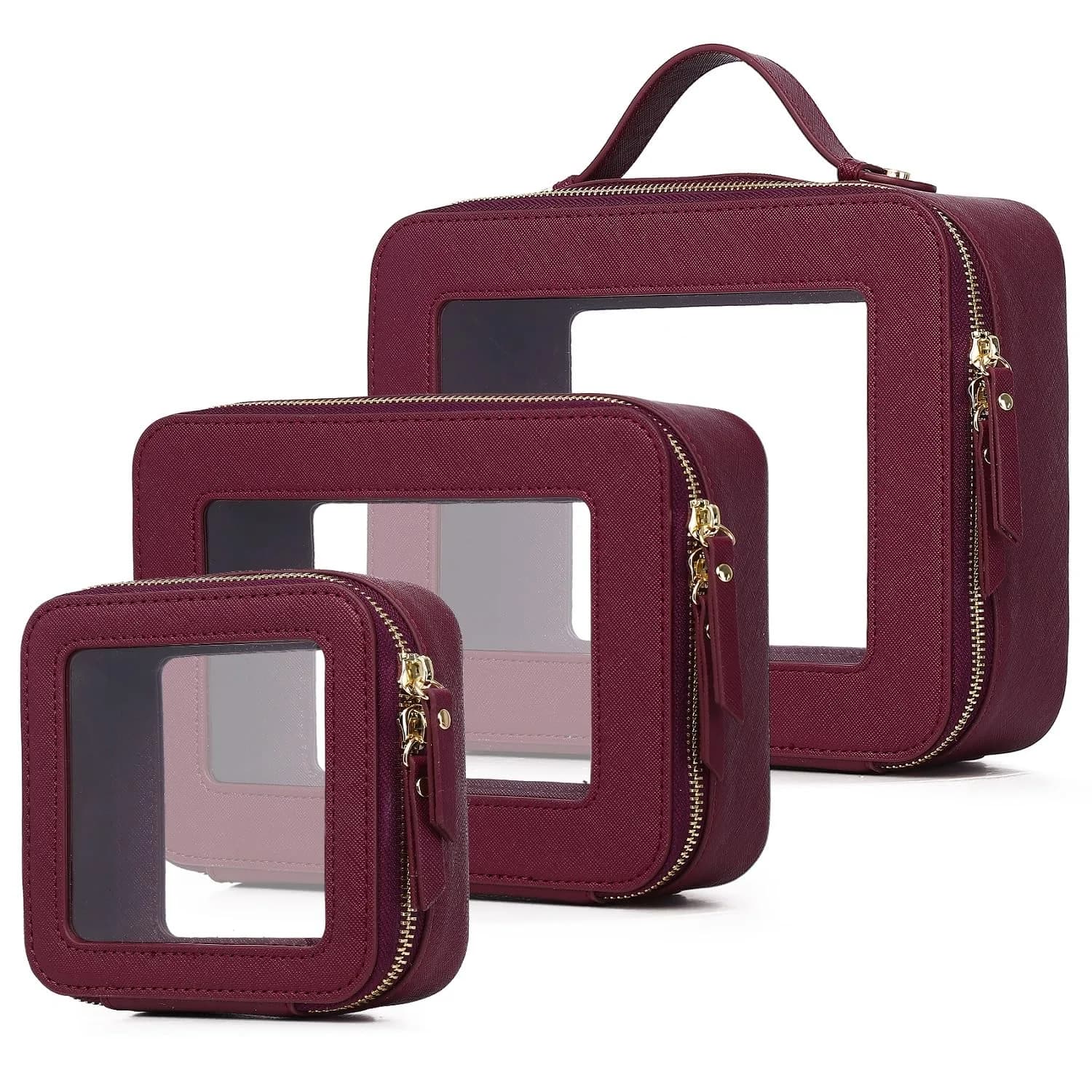Pinkmik A5/Burgundy Clear Makeup Bag Set, L+M+MINI (3-Piece) | TSA Approved Travel Cosmetic Case - main product image