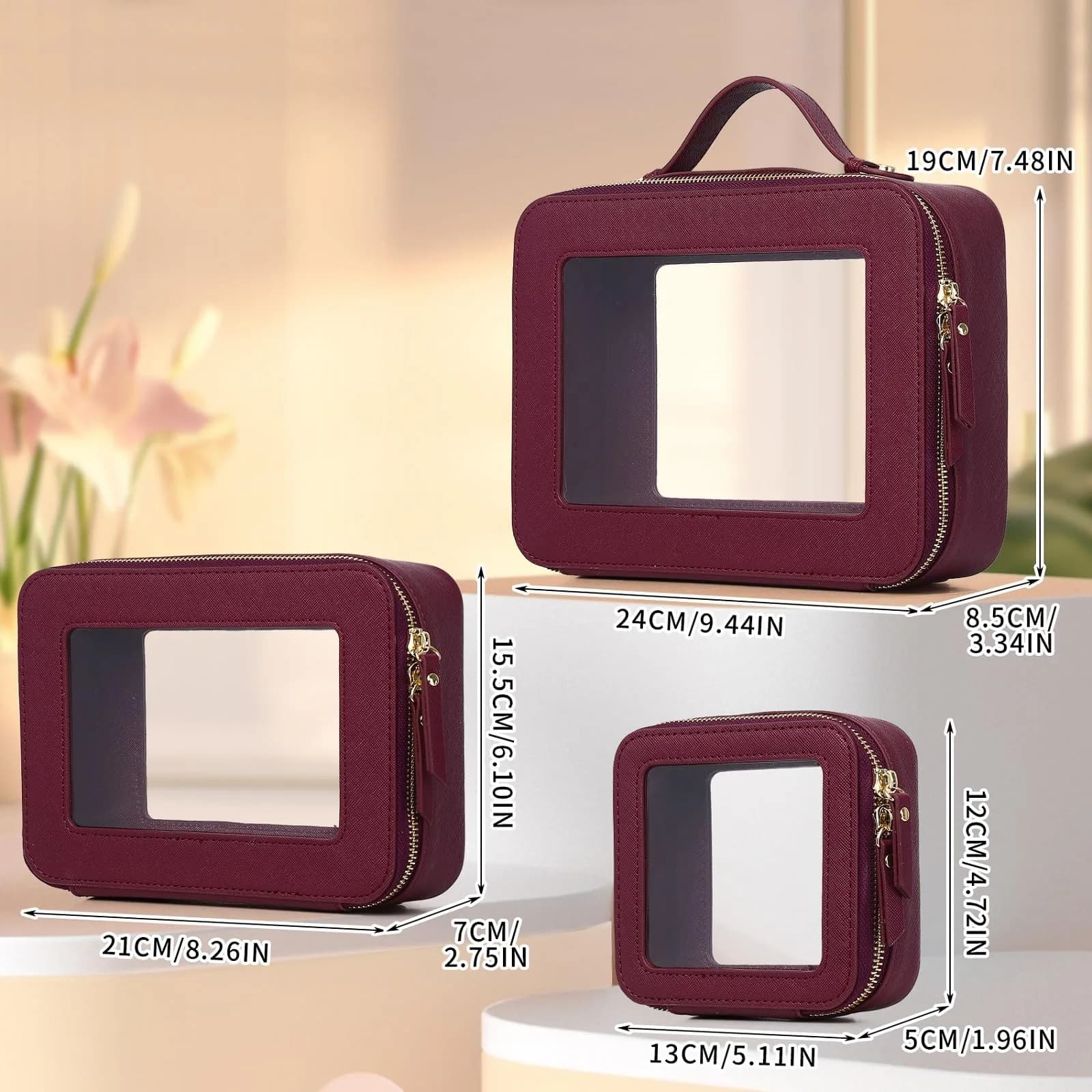 Pinkmik A5/Burgundy Clear Makeup Bag Set, L+M+MINI (3-Piece) | TSA Approved Travel Cosmetic Case - view 2