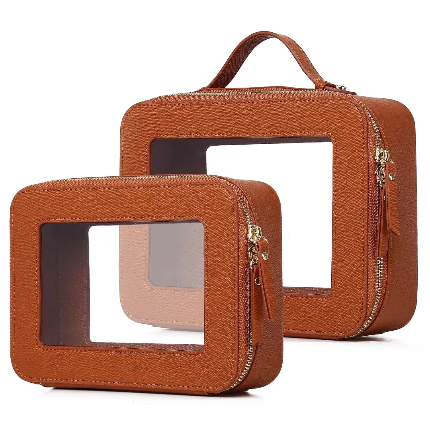 Pinkmik C1/Brown Medium & Large Clear Makeup Bag Set - TSA Approved Travel Cosmetic Case - main product image