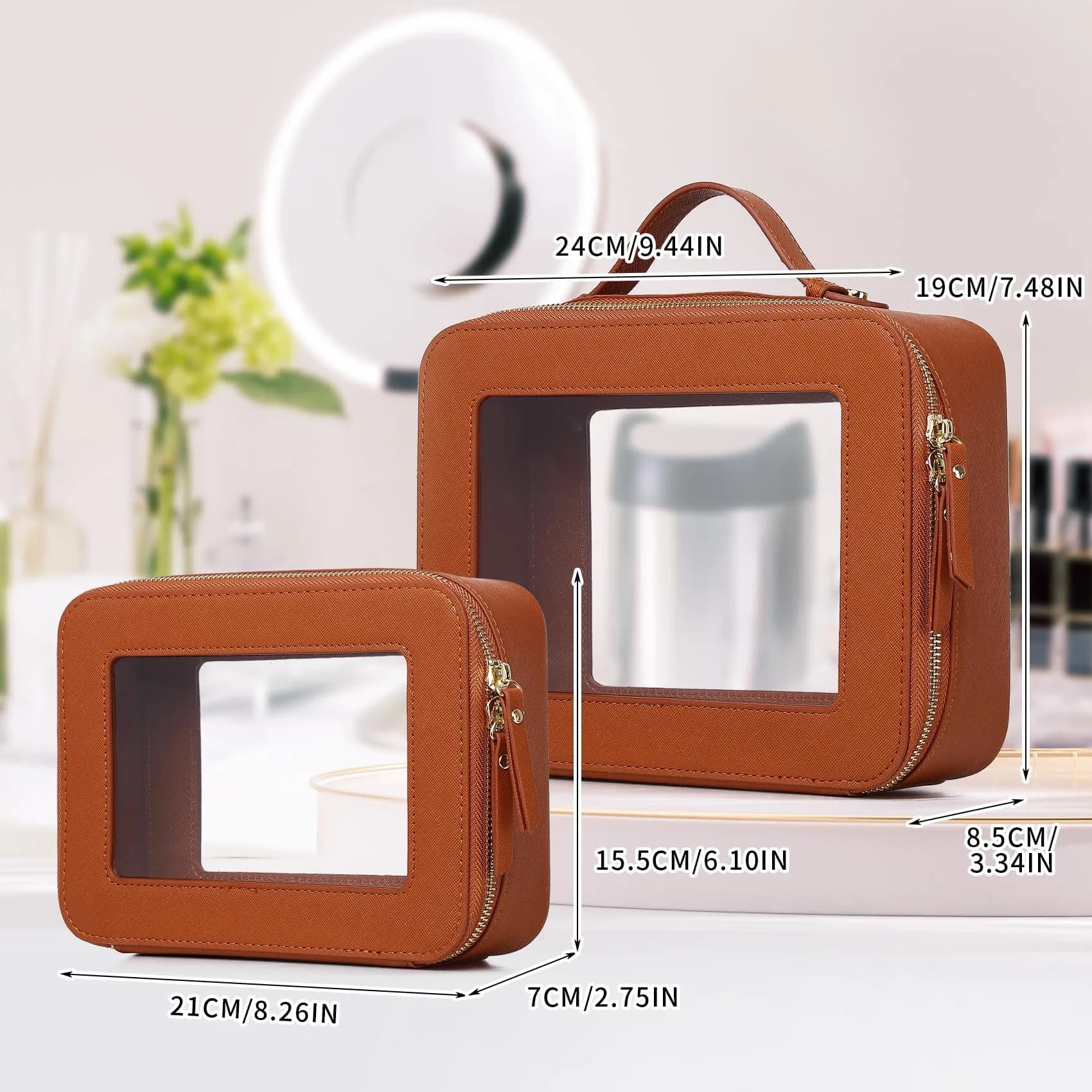 Pinkmik C1/Brown Medium & Large Clear Makeup Bag Set - TSA Approved Travel Cosmetic Case - view 2