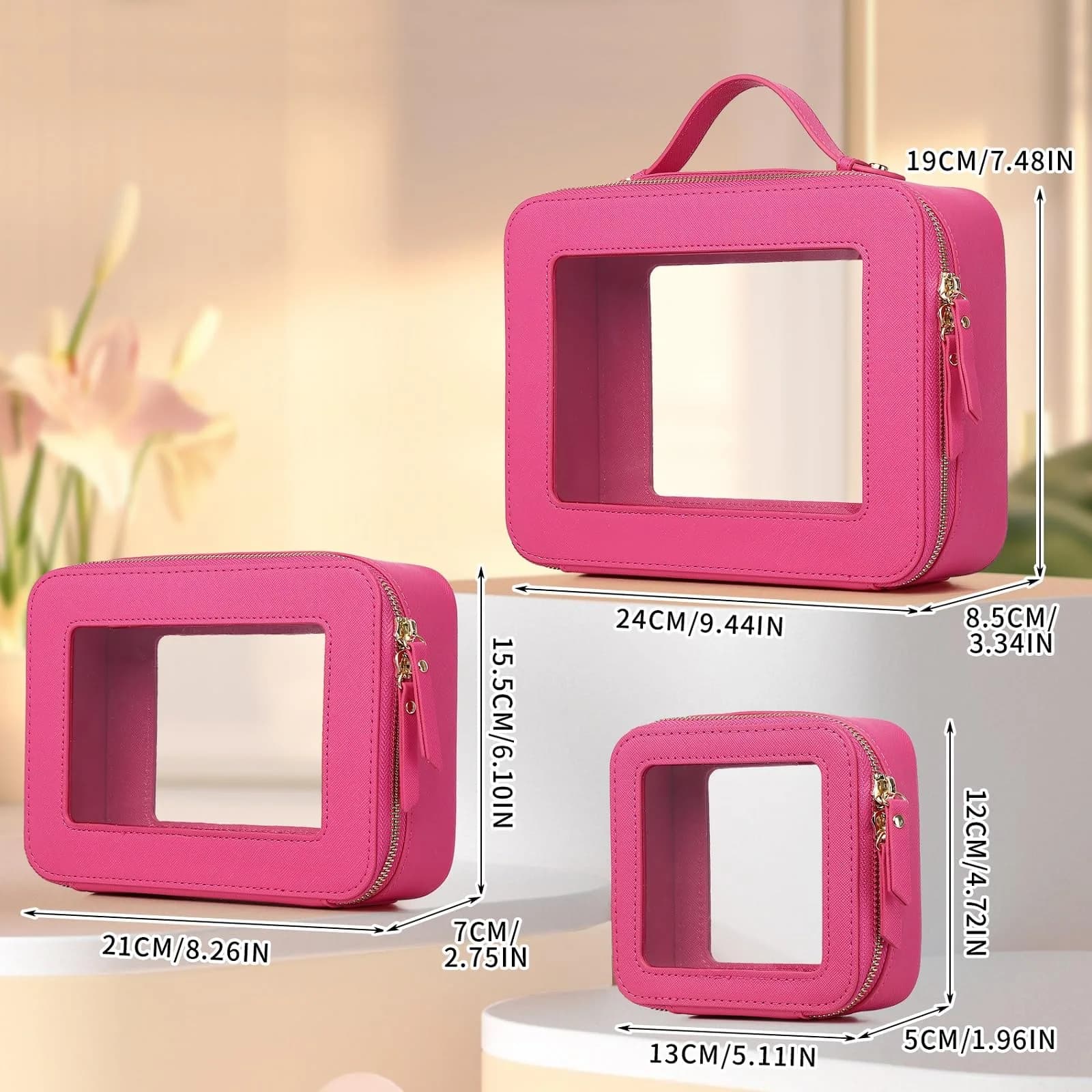 Pinkmik A5/Fuxia Clear Makeup Bag Set, L+M+MINI (3-Piece) | TSA Approved Travel Cosmetic Case - view 2