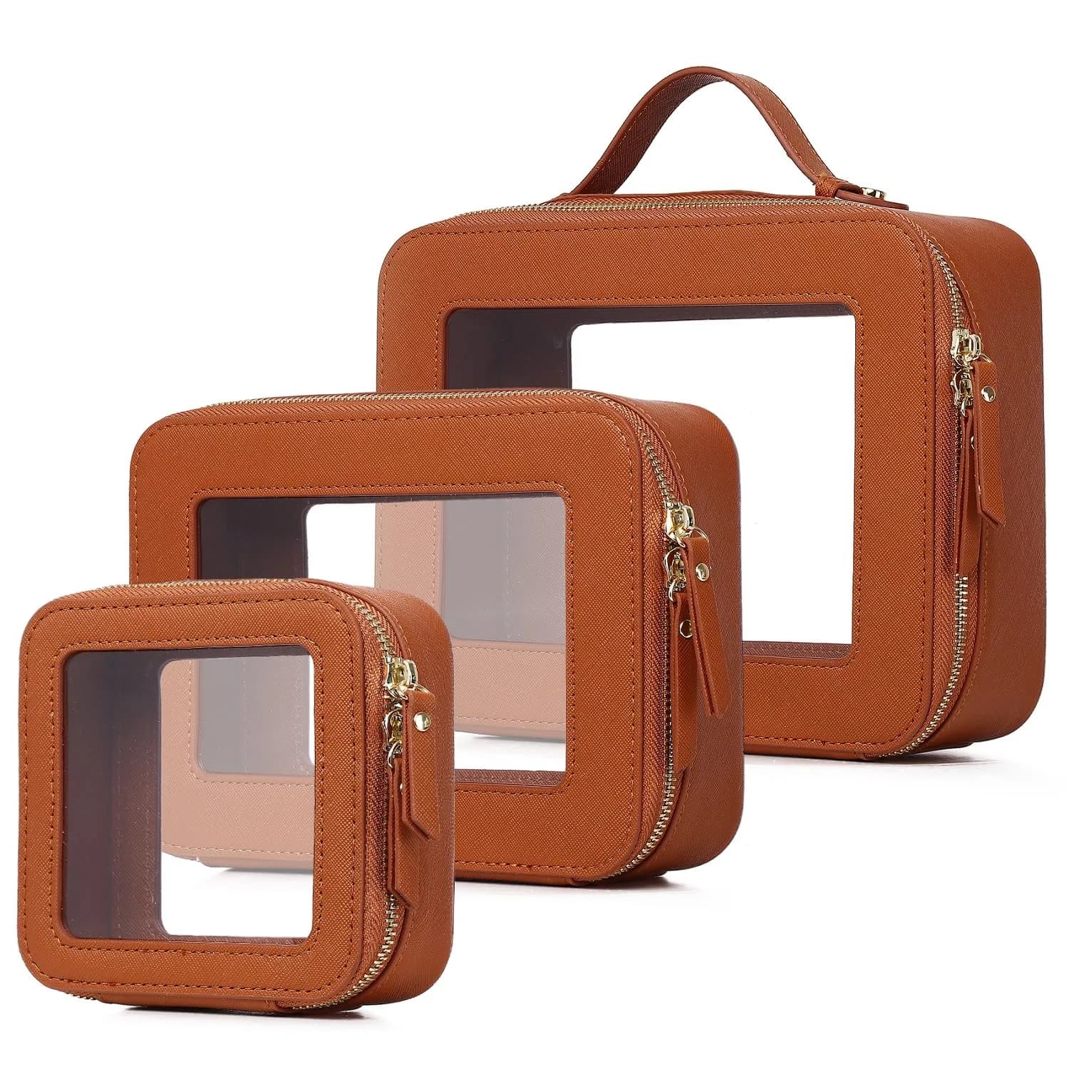Pinkmik A5/Brown Clear Makeup Bag Set, L+M+MINI (3-Piece) | TSA Approved Travel Cosmetic Case - main product image
