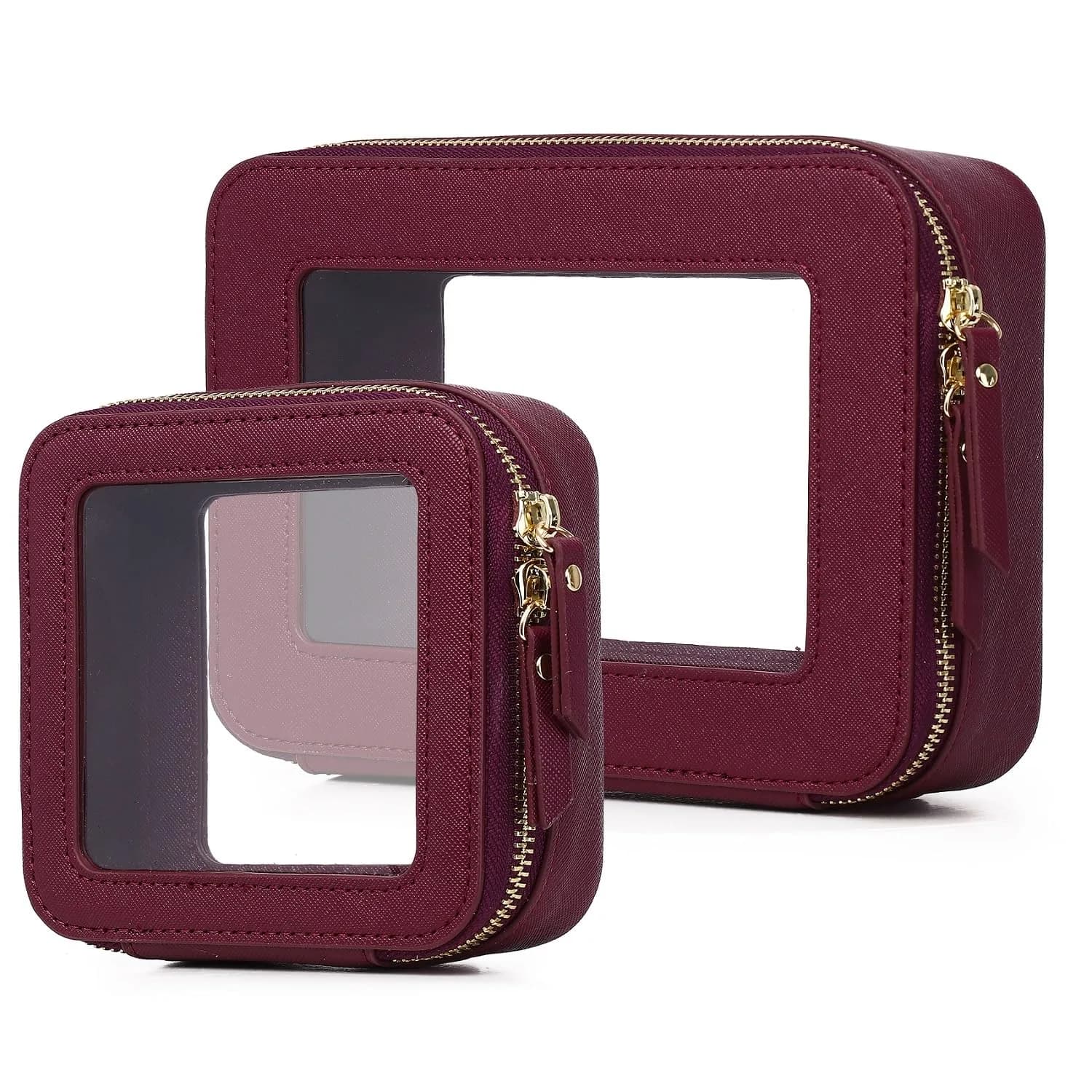 Pinkmik A4/Burgundy Clear Makeup Bag Set, Medium + Mini Sizes | TSA Approved Travel Cosmetic Case - main product image
