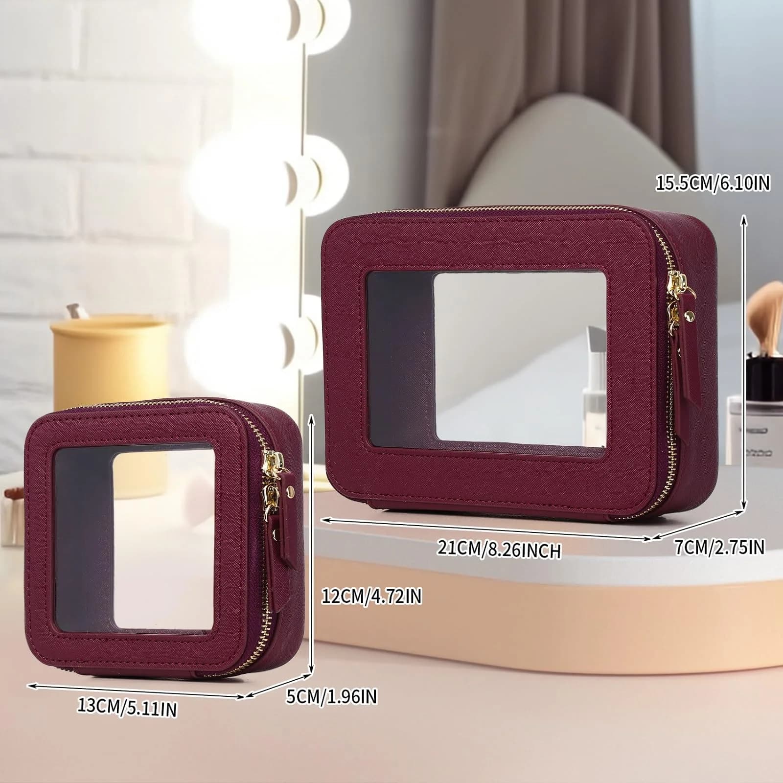 Pinkmik A4/Burgundy Clear Makeup Bag Set, Medium + Mini Sizes | TSA Approved Travel Cosmetic Case - view 4