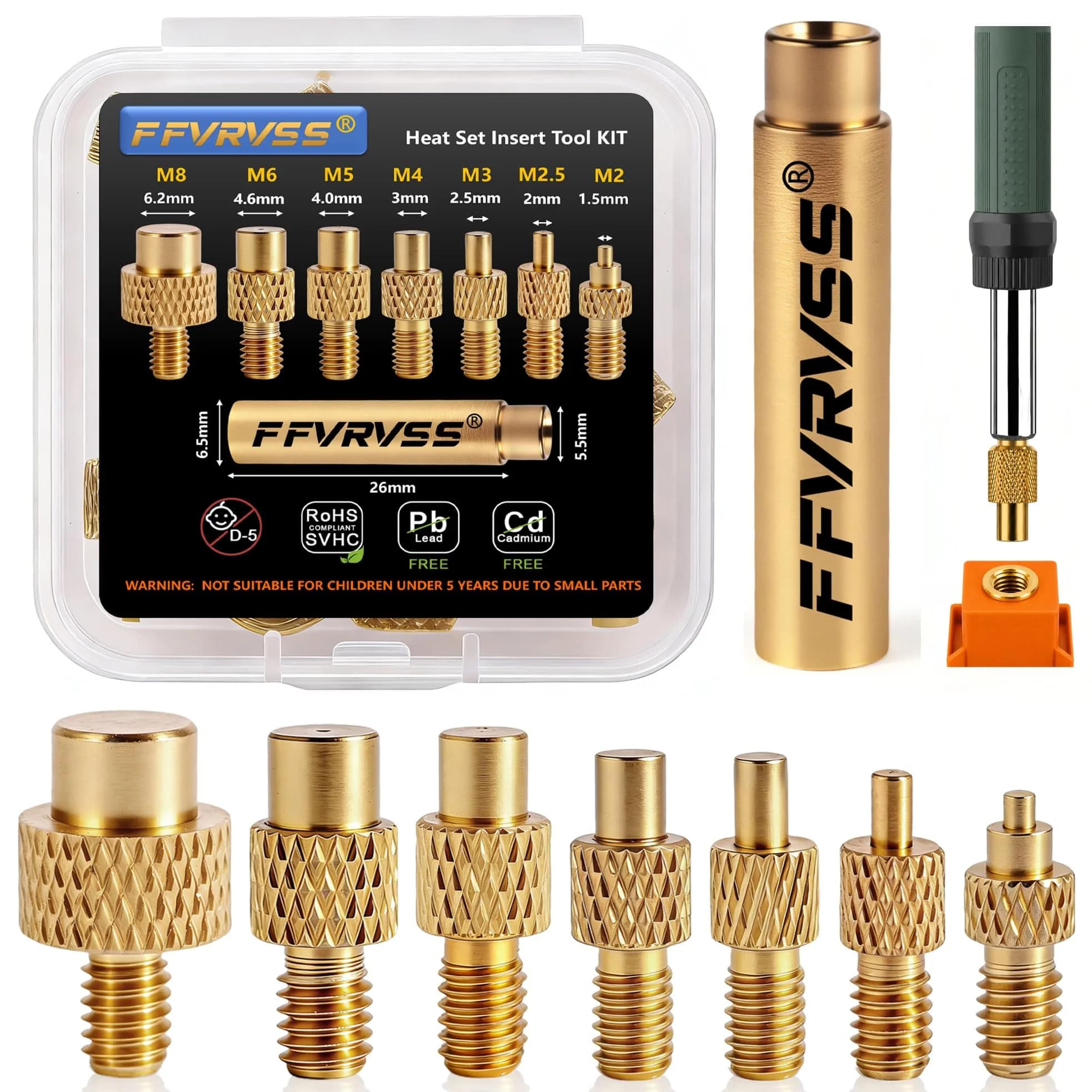 FFVRVSS Heat Set Insert Tool Kit with 7 Brass Tips & Adapter for M2-M8 Threads | Precision Brass Construction — M2-m8 New Edition 8 Tips