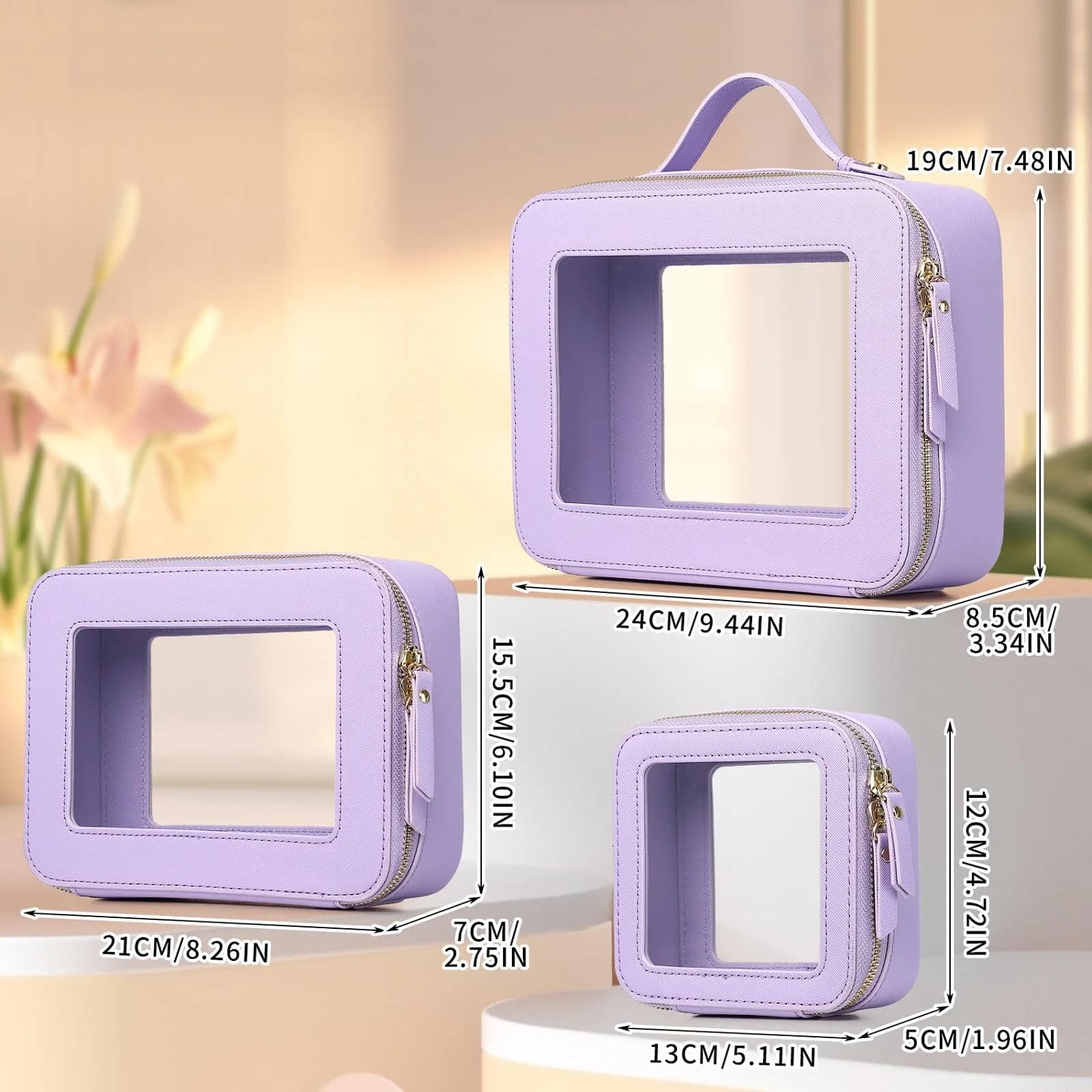 Pinkmik A5/Purple Clear Makeup Bag Set, L+M+MINI (3-Piece) | TSA Approved Travel Cosmetic Case - view 2