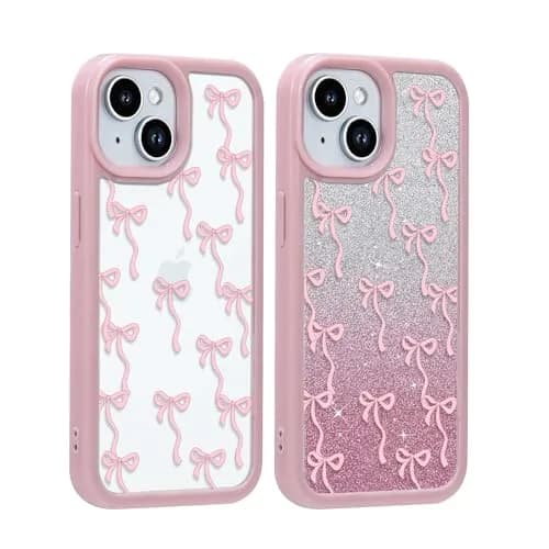 Yetagso Bow Case for iPhone 15 Plus & 14 Plus | Slim Fit Pink Glitter Bow Phone Cover thumbnail 1