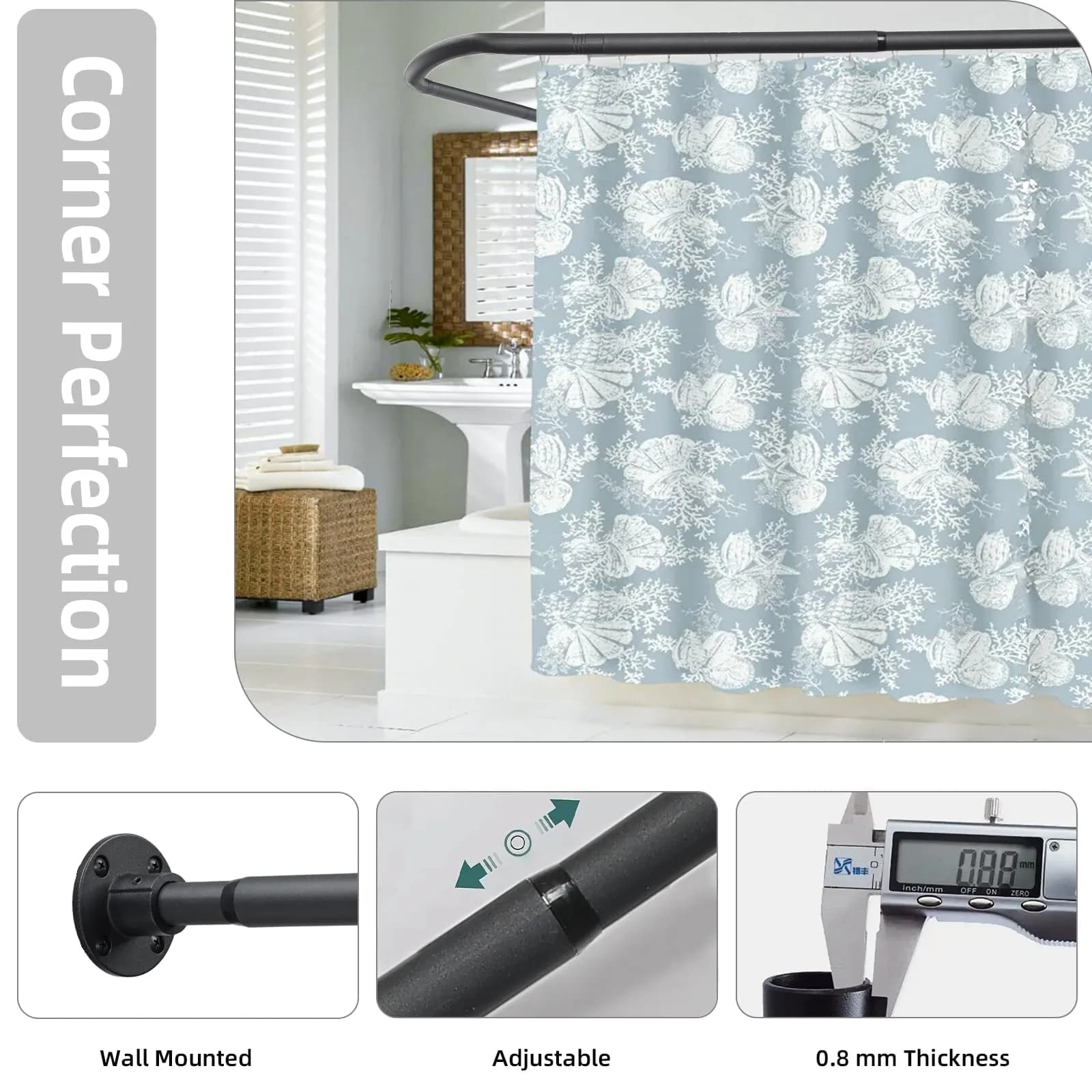 TwinkleTool L Shaped Shower Curtain Rod Black 70cm (27.6") | Adjustable Corner Rod for Bathrooms & Fitting Rooms - view 3