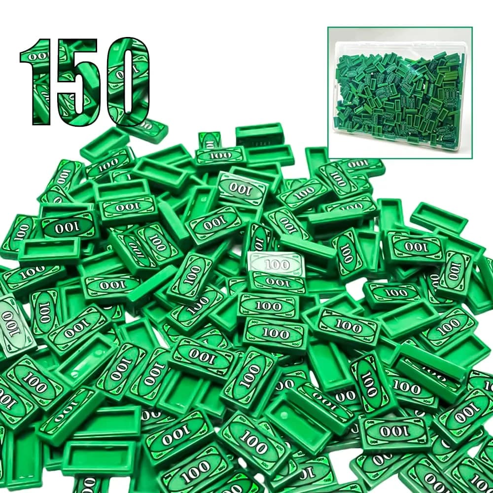 ARBTOTCE 150 Pcs 1x2 Dollar Bill Printed Tiles | Educational Building Blocks for Kids 6+ — Green 100 Dollar Bill Money 150pcs