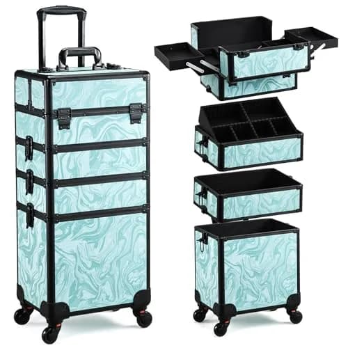 Yueieoun Cosmetic Case 4-in-1 | Travel & Professional Makeup Trolley, Lockable, Black — Turquoise Vitality
