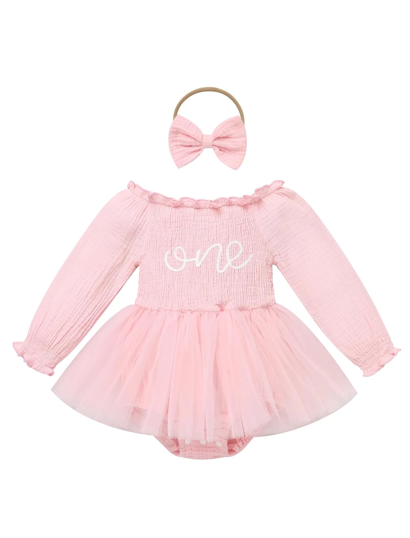 IBTOM CASTLE Baby Girl 1st Birthday Outfit Long Sleeve Smocked Tulle Tutu Dress & Headband 12-18 Months | Light Pink