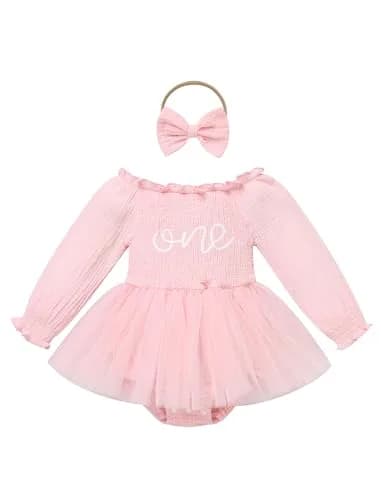 IBTOM CASTLE Baby Girl 1st Birthday Outfit Long Sleeve Smocked Tulle Tutu Dress & Headband 12-18 Months | Light Pink thumbnail 1
