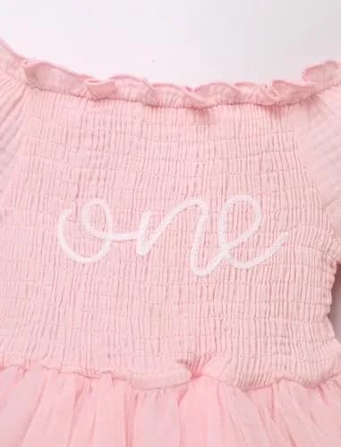 IBTOM CASTLE Baby Girl 1st Birthday Outfit Long Sleeve Smocked Tulle Tutu Dress & Headband 12-18 Months | Light Pink thumbnail 4