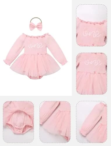 IBTOM CASTLE Baby Girl 1st Birthday Outfit Long Sleeve Smocked Tulle Tutu Dress & Headband 12-18 Months | Light Pink thumbnail 5