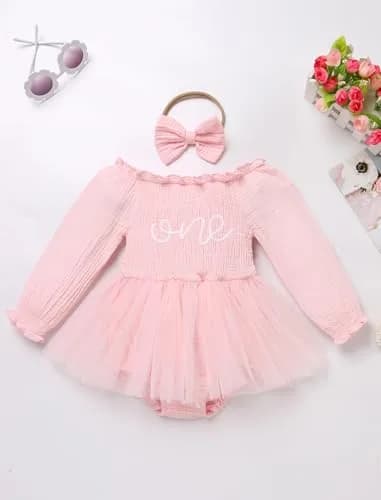 IBTOM CASTLE Baby Girl 1st Birthday Outfit Long Sleeve Smocked Tulle Tutu Dress & Headband 12-18 Months | Light Pink thumbnail 2