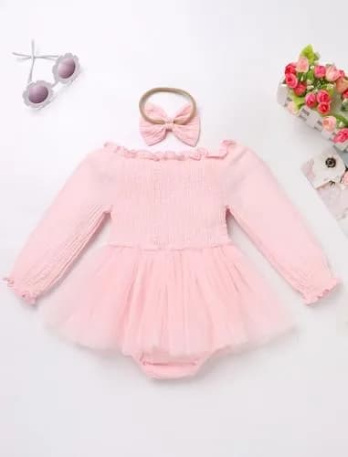 IBTOM CASTLE Baby Girl 1st Birthday Outfit Long Sleeve Smocked Tulle Tutu Dress & Headband 12-18 Months | Light Pink thumbnail 3