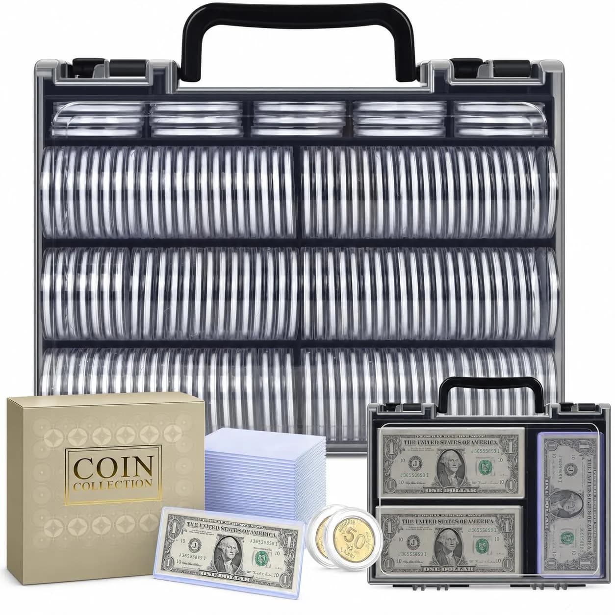 FULLCASE Coin Collector Case with 141 Capsules and 220 Currency Sleeves | Organized Coin & Currency Storage - main product image